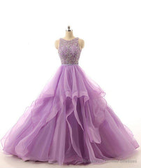 Lilac Lace Beaded Long Organza Quinceanera Ball Gowns