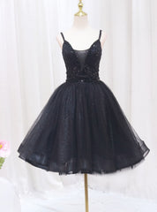 Litter Black Tulle Sequins Spaghetti Straps Homecoming Dress