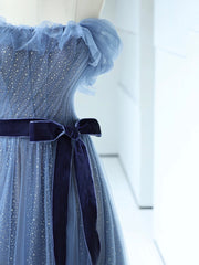 Strapless Tulle Blue Floor Length Prom Dress, A-Line Blue Evening Party Dress