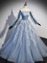 Blue Strapless Tulle Long Prom Dress, Chic A-Line Formal Dress with Long Sleeves