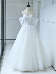 White Tulle Lace Long Prom Dress with Corset, Off the Shoulder Sweetheart Evening Dress