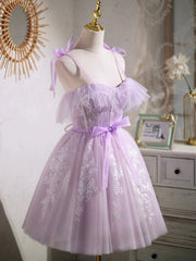 Lovely Spaghetti Strap Tulle Lace Short Prom Dress, Lavender A-Line Party Dress