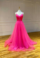 Simple V-Neck Tulle Long Prom Dresses, A-Line Evening Dresses