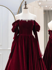 Burgundy Velvet Long Formal Dress, Elegant Long Sleeve A-Line Prom Dress