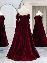 Burgundy Velvet Long Formal Dress, Elegant Long Sleeve A-Line Prom Dress