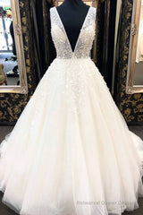 Long A-Line Deep V Neck Tulle Wedding Dress