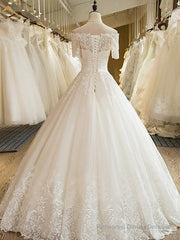 Long A-line Off Shoulder Court Train Lace Tulle Wedding Dresses with Sleeves