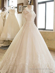 Long A-line Off Shoulder Court Train Lace Tulle Wedding Dresses with Sleeves