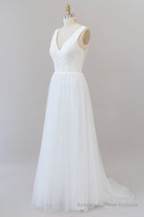 Long A-line Straps V-neck Chiffon Open Back Wedding Dress