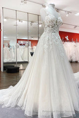 Long A-line Sweetheart Tulle Open Back Wedding Dress