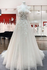 Long A-line Sweetheart Tulle Open Back Wedding Dress