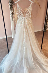 Long A-Line Tulle Appliques Lace Spaghetti Straps V-neck Backless Wedding Dress