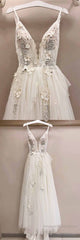 Long A-line Tulle V Neck Lace Applique Wedding Dress