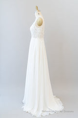 Long A-line V-neck Appliques Lace Chiffon Wedding Dress