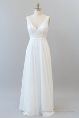 Long A-line V-neck Appliques Lace Chiffon Wedding Dress