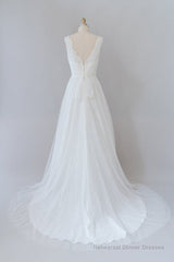 Long A-line V-neck Lace Tulle Backless Wedding Dress