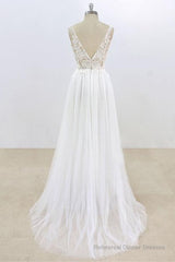 Long A-line V-neck Lace Tulle Open Back Wedding Dress