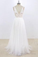 Long A-line V-neck Lace Tulle Open Back Wedding Dress