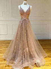 Long A-line V-neck Lace Tulle Prom Formal Graduation Evening Dresses