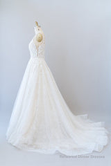 Long A-line V-neck Open Back Appliques Lace Tulle Wedding Dress