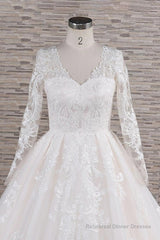 Long A-line V-neck Tulle Appliques Lace Wedding Dress with Sleeves