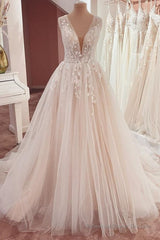 Long A-Line V-neck Wide Straps Appliques Lace Tulle Wedding Dress