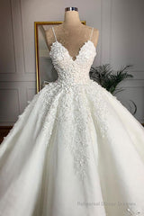 Long Ball Gown Spaghetti Strap Appliques Lace Satin Wedding Dress