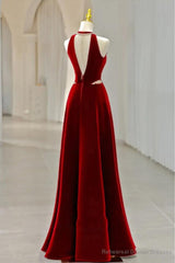 Long Halter V Neck Velvet Burgundy Evening Dress with Beading