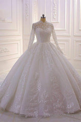 Long High neck Appliques Lace Ball Gown Wedding Dress with Sleeves