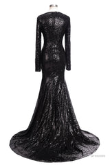 Long Mermaid V-Neck Black Sequins Prom Dresses with Sleeves