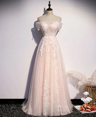 Long Pink Off Shoulder A-line Prom Dress with Lace, Sweetheart Evening Dress