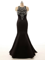 Long Satin Evening Gown Beaded Black Crystals Mermaid Prom Dresses