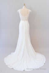 Long Sheath  Illusion Lace Wedding Dress with Cap Sleeve