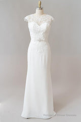 Long Sheath  Illusion Lace Wedding Dress with Cap Sleeve