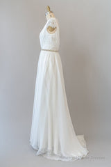 Long Sheath V-neck Lace Chiffon Wedding Dress with Cap Sleeves