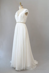 Long Sheath V-neck Lace Chiffon Wedding Dress with Cap Sleeves