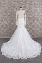 Long Sleeve Mermaid Sweetheart Appliques Lace Backless Wedding Dress