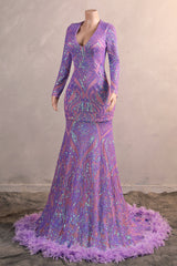 Long Sleeve Purple Prom Dresses for Teens Black Girls Luxury Feather Hem Plus Size Evening Gown Womens Sequin Party Dress