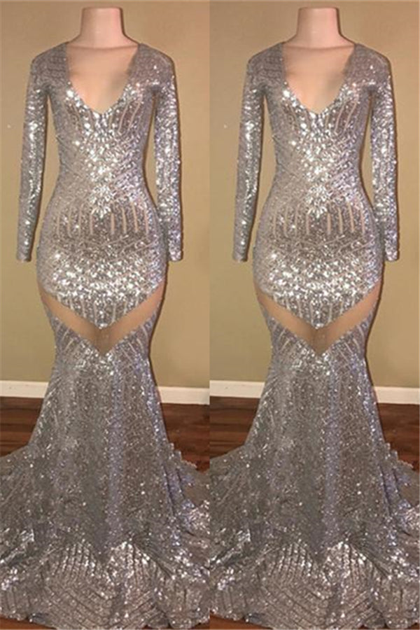 Long Sleeves Sequins Prom Party Gowns| Mermaid V-Neck Evening Gowns