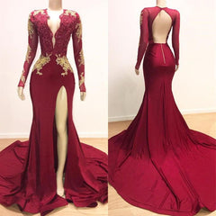 Long Sleeves V-neck Mermaid Prom Dress,Leg Split Formal Evening Dresses