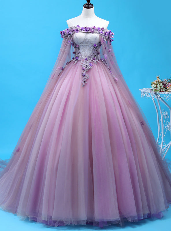 Looking For Gorgeous Purple Ball Gown Tulle Appliques Off the Shoulder Quinceanera Dress