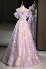 Lovely A-Line Off the Shoulder Sequins Prom Dress, Purple Tulle Corset Floor Length Evening Dress