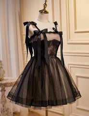 Lovely Black and Champagne Short Tulle Party Dress, A-line Short Homecoming Dress