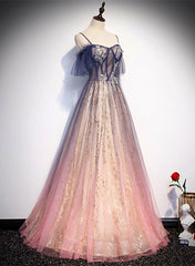 Lovely Gradient A-line Tulle with Lace Long Prom Dress, Long Formal Dress Party Dress