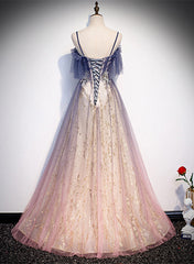 Lovely Gradient A-line Tulle with Lace Long Prom Dress, Long Formal Dress Party Dress