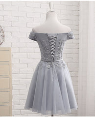 Lovely Grey Short Tulle Party Dress with Lace Applique, Bridesmaid Dresses  Cute Formal Dress