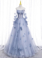 Lovely Light Blue Tulle Long Sleeves Sweet 16 Dress, Light Blue Flowers Formal Dress.