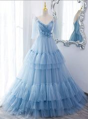 Lovely Light Blue Tulle with Straps Layers Long Formal Dresses, Blue Evening Gown Party Dresses