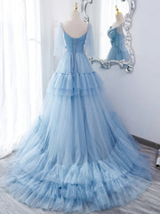 Lovely Light Blue Tulle with Straps Layers Long Formal Dresses, Blue Evening Gown Party Dresses