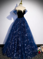 Lovely Navy Blue Tulle Off Shoulder Beaded Long Party Dress, Navy Blue Tulle Prom Dress